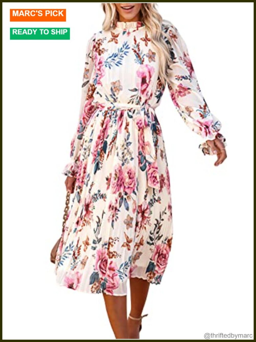Womens Floral Midi Dress Long Sleeve Puff Sleeve Wedding Guest
